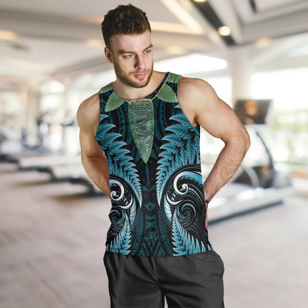 Aotearoa Pounamu Niho Men Tank Top Silver Fern Mix Maori Pattern - Turquoise - Vibe Hoodie Shop