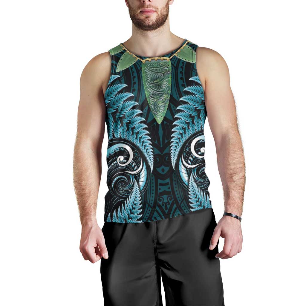 Aotearoa Pounamu Niho Men Tank Top Silver Fern Mix Maori Pattern - Turquoise - Vibe Hoodie Shop