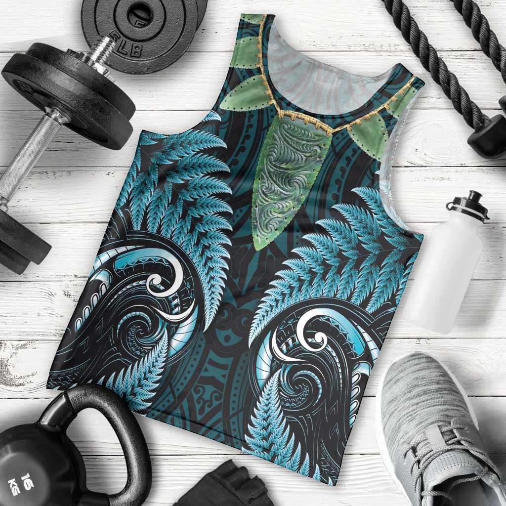 Aotearoa Pounamu Niho Men Tank Top Silver Fern Mix Maori Pattern - Turquoise - Vibe Hoodie Shop