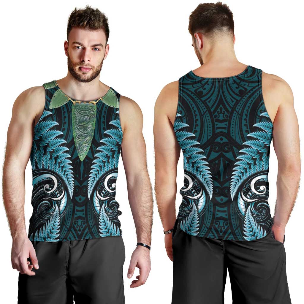 Aotearoa Pounamu Niho Men Tank Top Silver Fern Mix Maori Pattern - Turquoise - Vibe Hoodie Shop