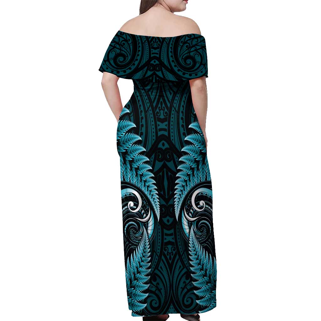 Aotearoa Pounamu Niho Off Shoulder Maxi Dress Silver Fern Mix Maori Pattern - Turquoise