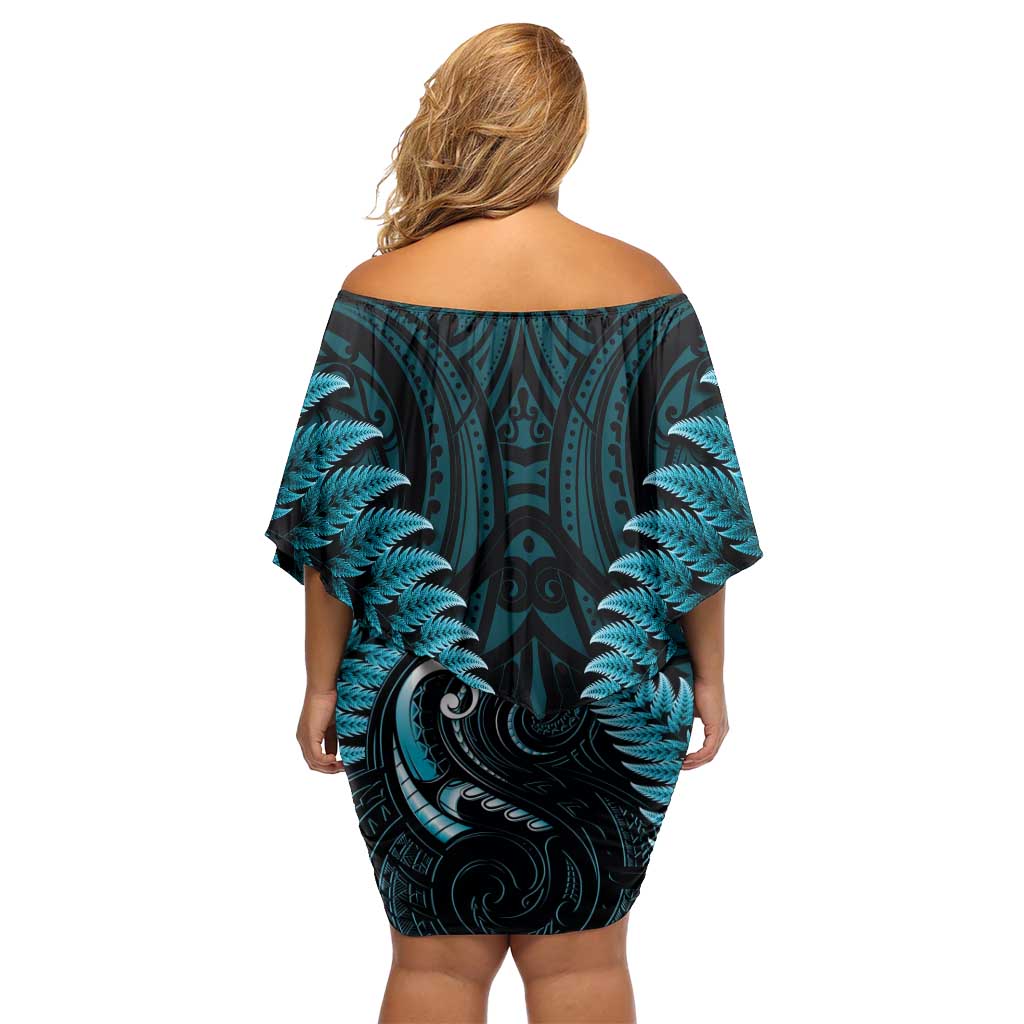 Aotearoa Pounamu Niho Off Shoulder Short Dress Silver Fern Mix Maori Pattern - Turquoise