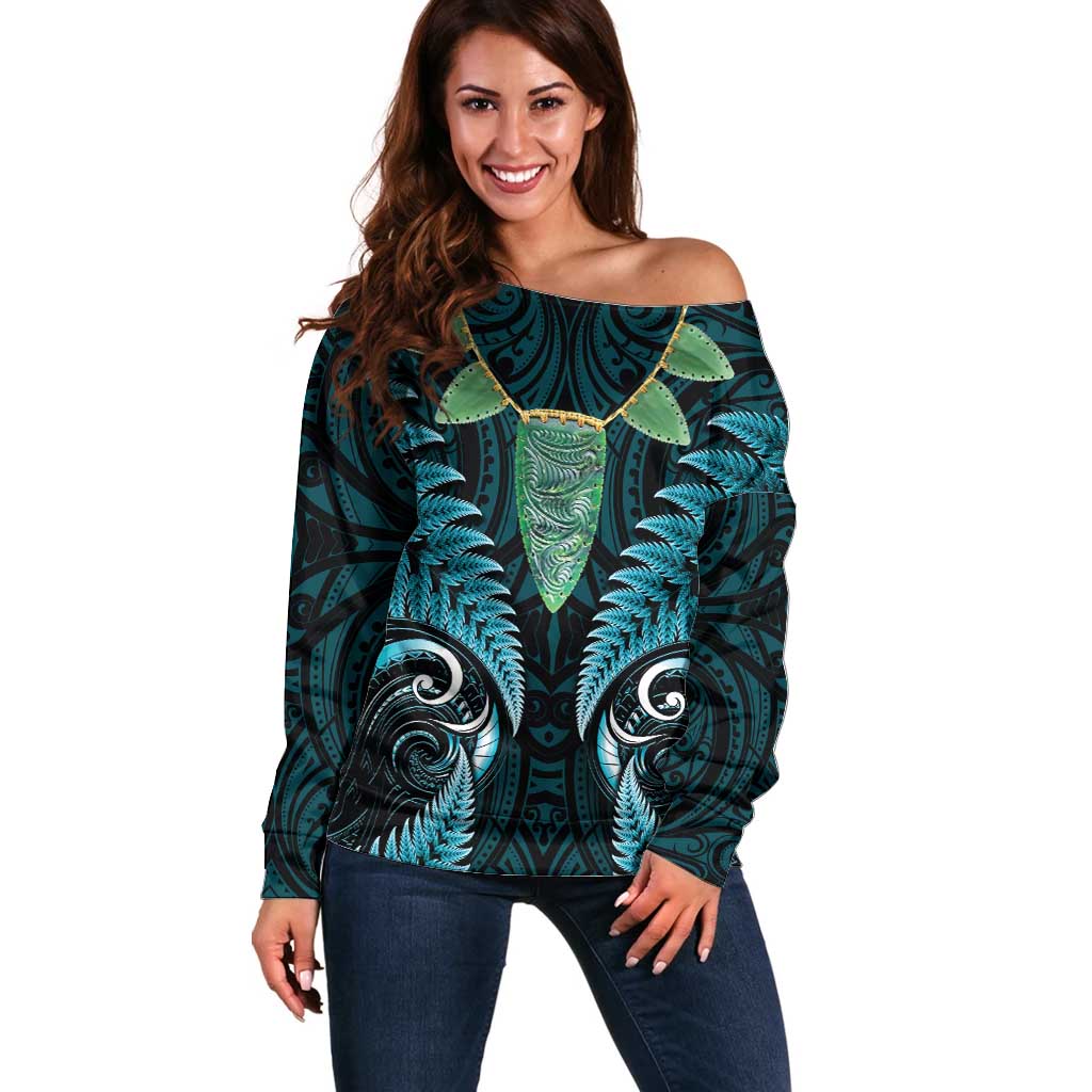 Aotearoa Pounamu Niho Off Shoulder Sweater Silver Fern Mix Maori Pattern - Turquoise - Vibe Hoodie Shop