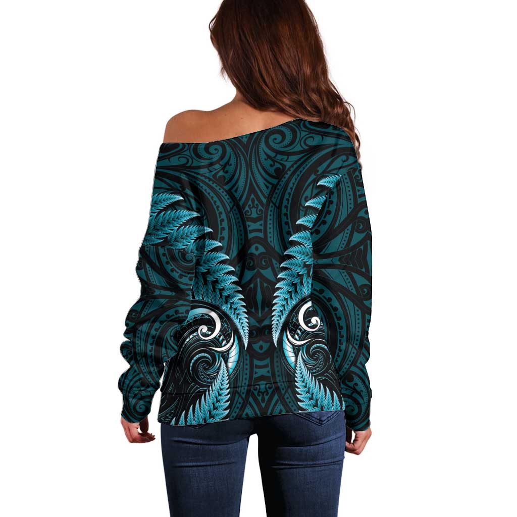 Aotearoa Pounamu Niho Off Shoulder Sweater Silver Fern Mix Maori Pattern - Turquoise - Vibe Hoodie Shop