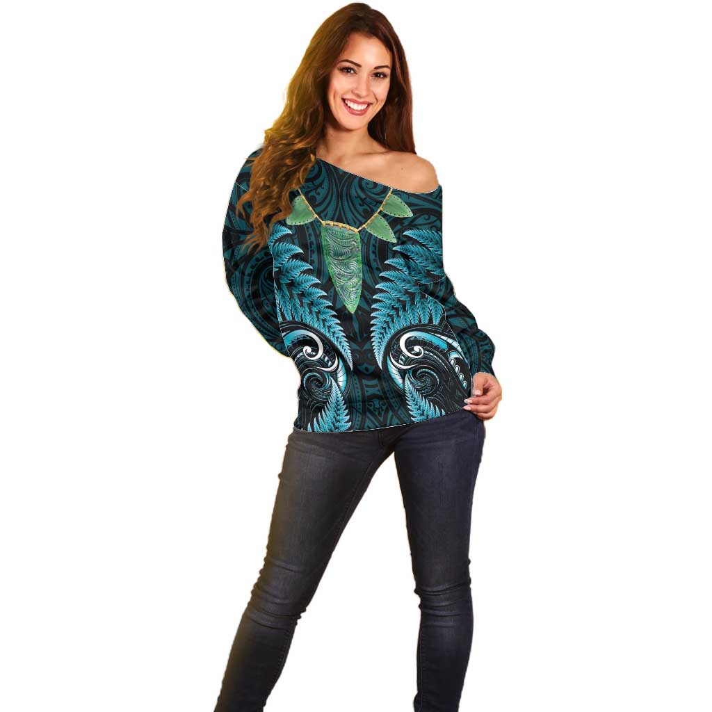 Aotearoa Pounamu Niho Off Shoulder Sweater Silver Fern Mix Maori Pattern - Turquoise - Vibe Hoodie Shop