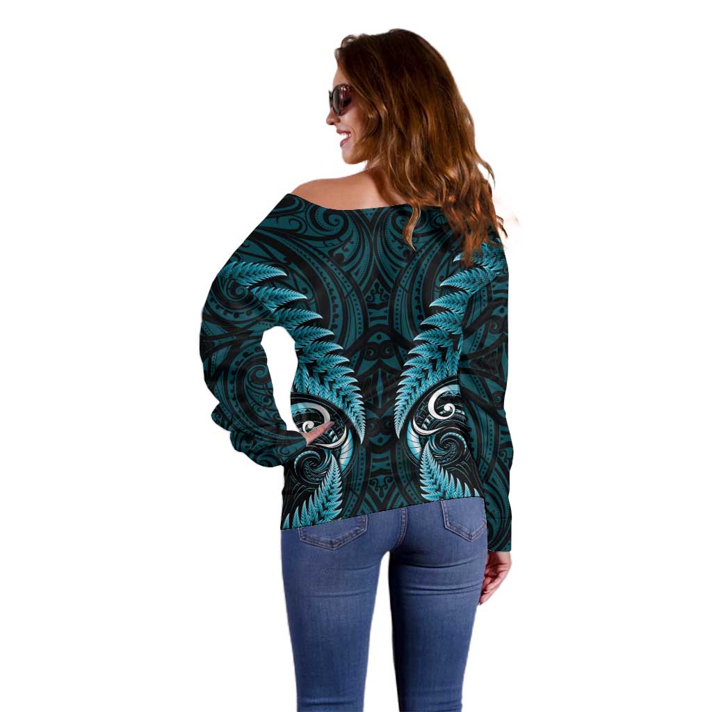 Aotearoa Pounamu Niho Off Shoulder Sweater Silver Fern Mix Maori Pattern - Turquoise - Vibe Hoodie Shop