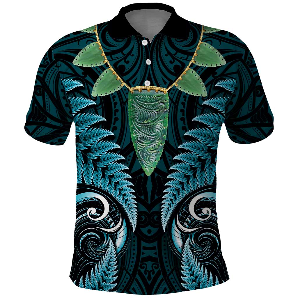 Aotearoa Pounamu Niho Polo Shirt Silver Fern Mix Maori Pattern - Turquoise - Vibe Hoodie Shop