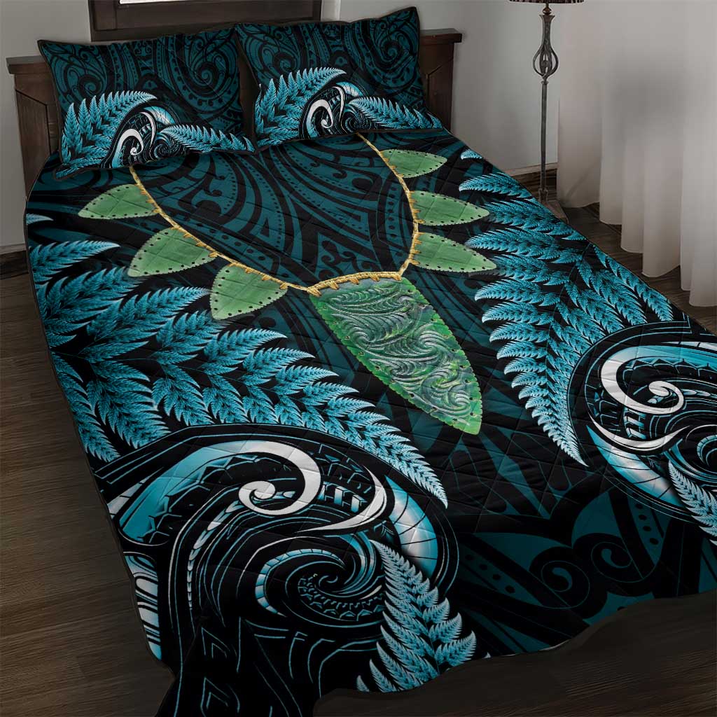 Aotearoa Pounamu Niho Quilt Bed Set Silver Fern Mix Maori Pattern - Turquoise - Vibe Hoodie Shop