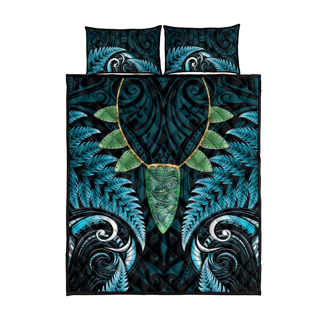 Aotearoa Pounamu Niho Quilt Bed Set Silver Fern Mix Maori Pattern - Turquoise - Vibe Hoodie Shop