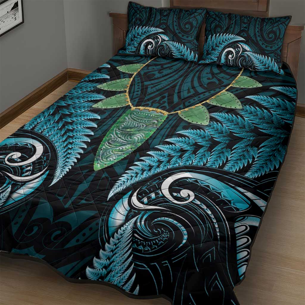 Aotearoa Pounamu Niho Quilt Bed Set Silver Fern Mix Maori Pattern - Turquoise - Vibe Hoodie Shop