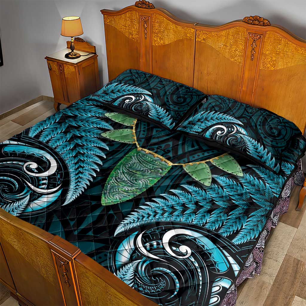 Aotearoa Pounamu Niho Quilt Bed Set Silver Fern Mix Maori Pattern - Turquoise - Vibe Hoodie Shop