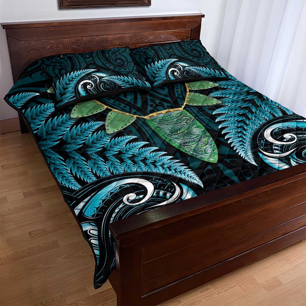 Aotearoa Pounamu Niho Quilt Bed Set Silver Fern Mix Maori Pattern - Turquoise - Vibe Hoodie Shop