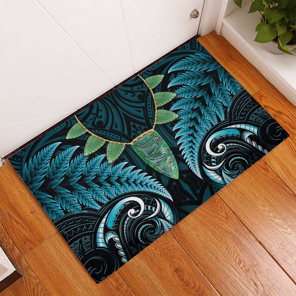 Aotearoa Pounamu Niho Rubber Doormat Silver Fern Mix Maori Pattern - Turquoise