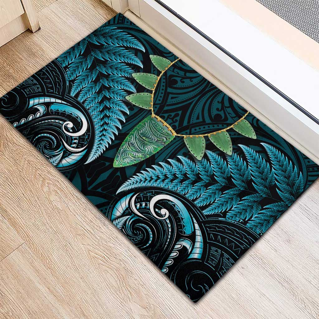 Aotearoa Pounamu Niho Rubber Doormat Silver Fern Mix Maori Pattern - Turquoise