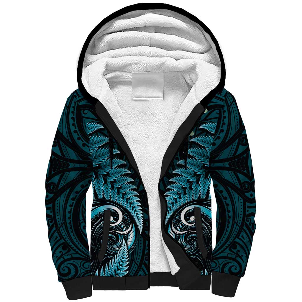 Aotearoa Pounamu Niho Sherpa Hoodie Silver Fern Mix Maori Pattern - Turquoise - Vibe Hoodie Shop