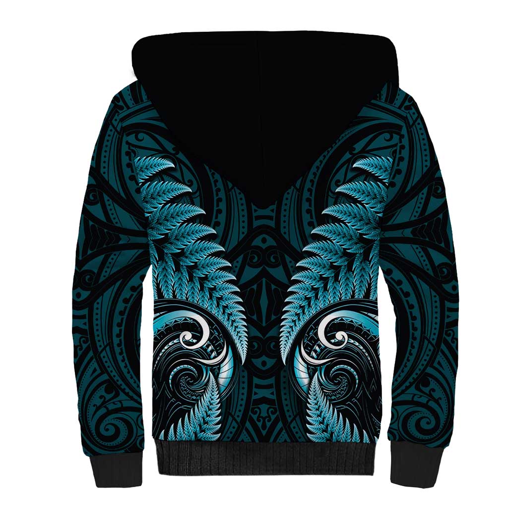 Aotearoa Pounamu Niho Sherpa Hoodie Silver Fern Mix Maori Pattern - Turquoise - Vibe Hoodie Shop