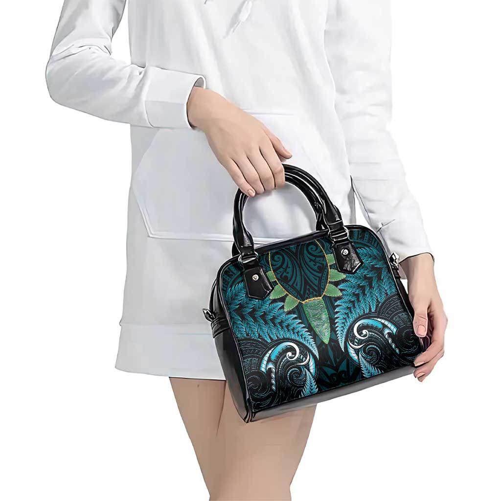 Aotearoa Pounamu Niho Shoulder Handbag Silver Fern Mix Maori Pattern - Turquoise - Vibe Hoodie Shop