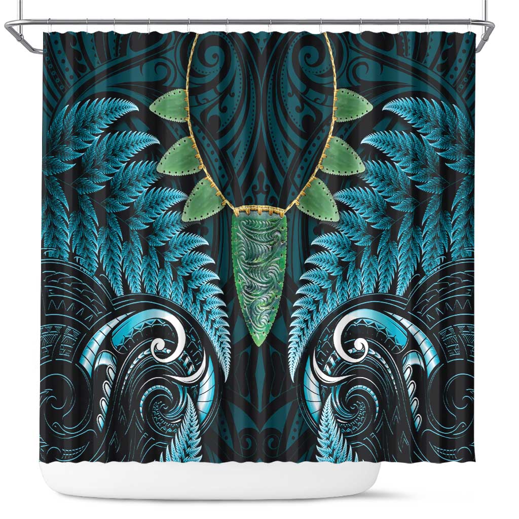 Aotearoa Pounamu Niho Shower Curtain Silver Fern Mix Maori Pattern - Turquoise