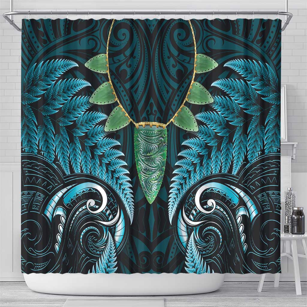 Aotearoa Pounamu Niho Shower Curtain Silver Fern Mix Maori Pattern - Turquoise