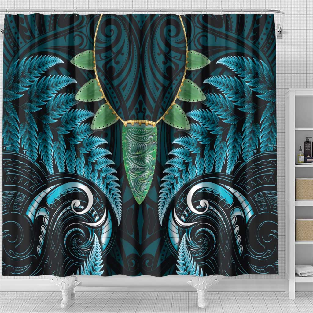 Aotearoa Pounamu Niho Shower Curtain Silver Fern Mix Maori Pattern - Turquoise