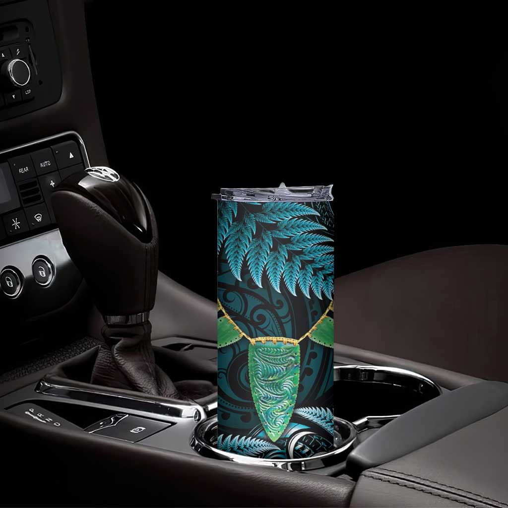 Aotearoa Pounamu Niho Skinny Tumbler Silver Fern Mix Maori Pattern - Turquoise