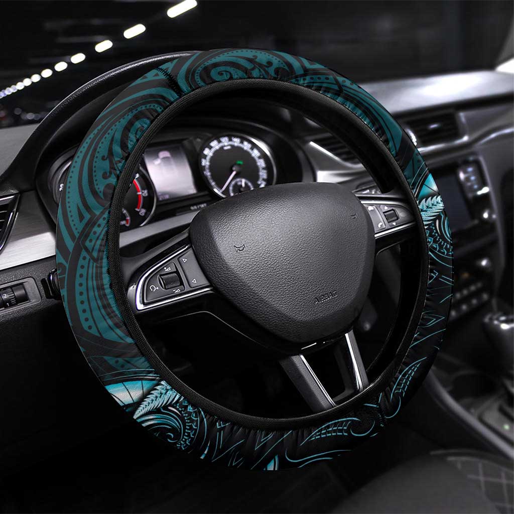 Aotearoa Pounamu Niho Steering Wheel Cover Silver Fern Mix Maori Pattern - Turquoise