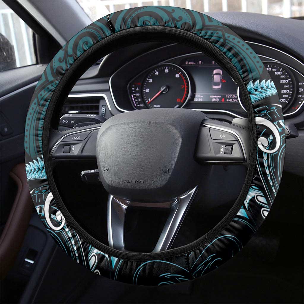 Aotearoa Pounamu Niho Steering Wheel Cover Silver Fern Mix Maori Pattern - Turquoise