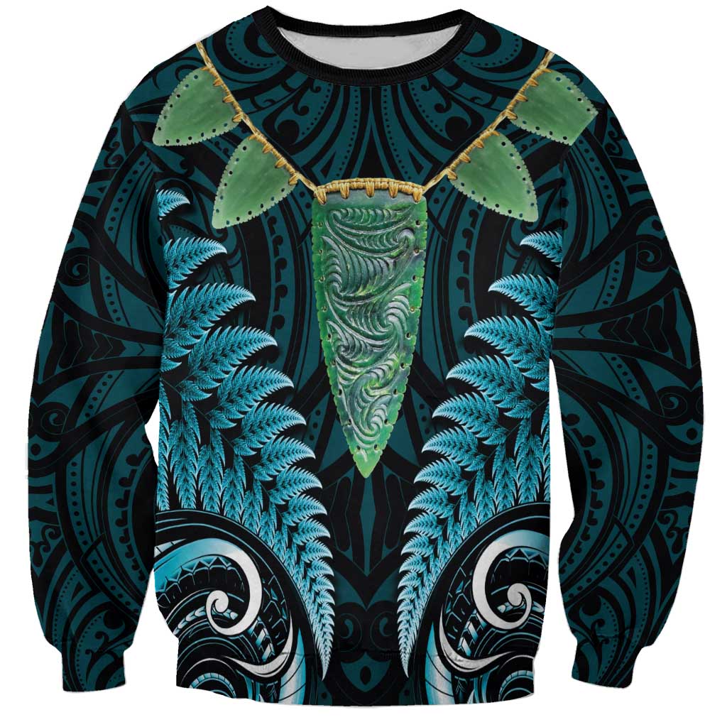 Aotearoa Pounamu Niho Sweatshirt Silver Fern Mix Maori Pattern - Turquoise - Vibe Hoodie Shop