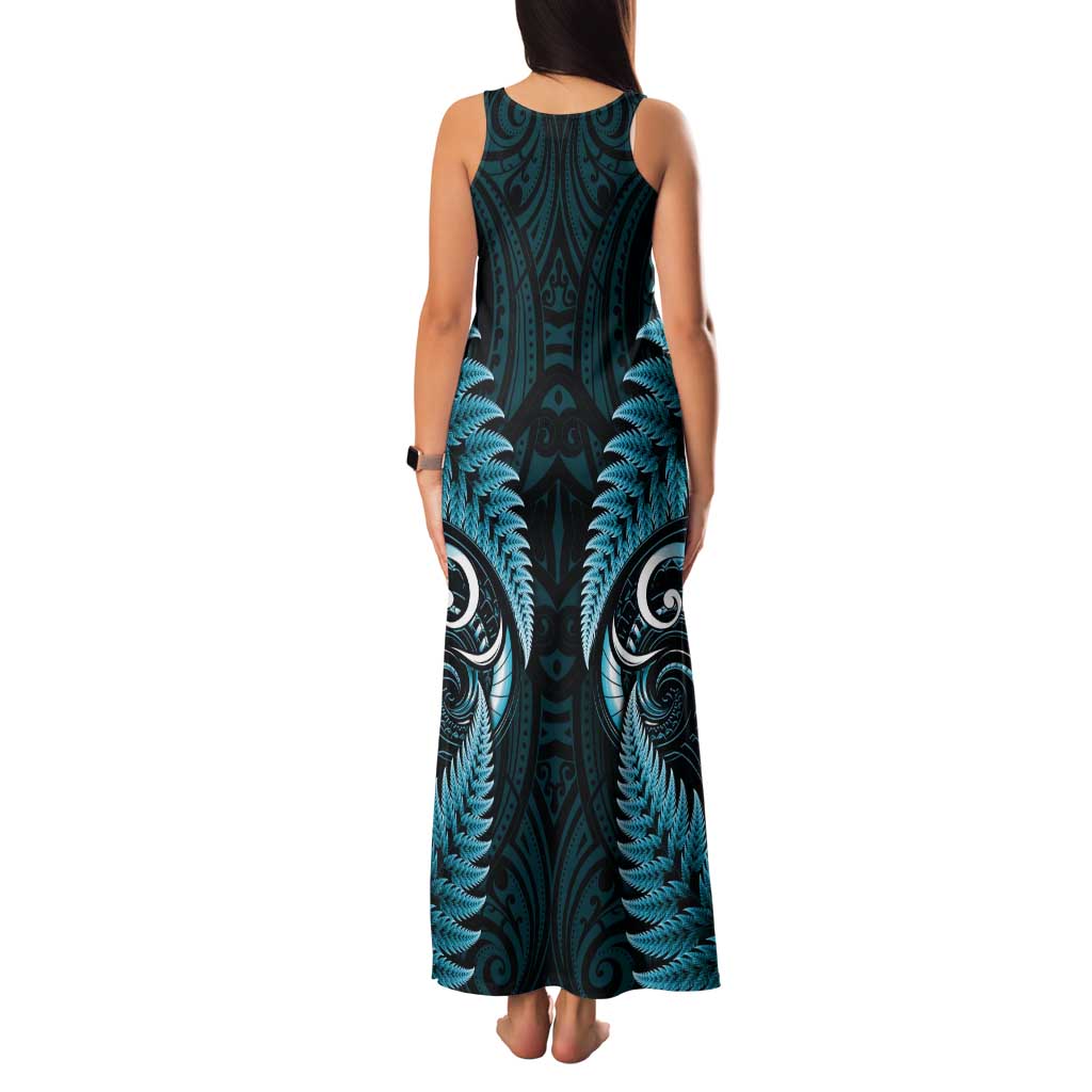 Aotearoa Pounamu Niho Tank Maxi Dress Silver Fern Mix Maori Pattern - Turquoise