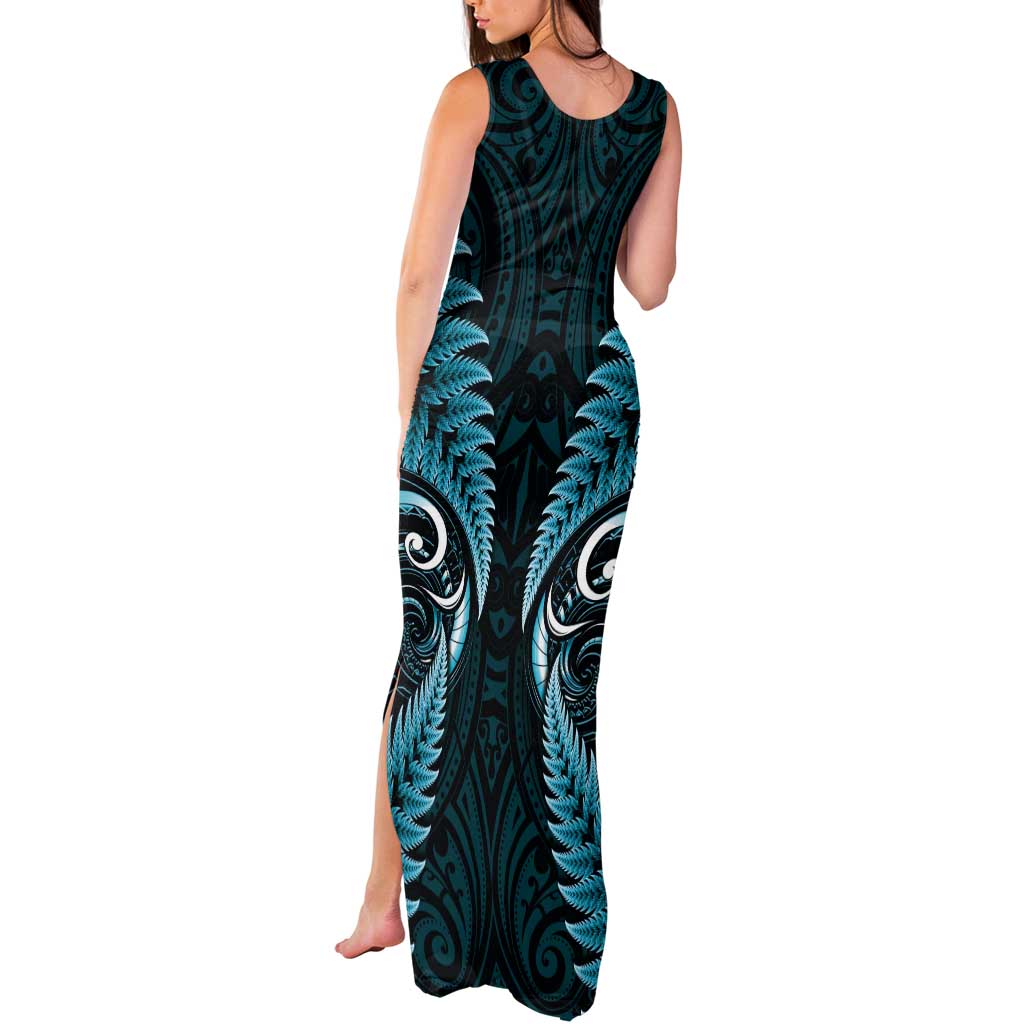 Aotearoa Pounamu Niho Tank Maxi Dress Silver Fern Mix Maori Pattern - Turquoise