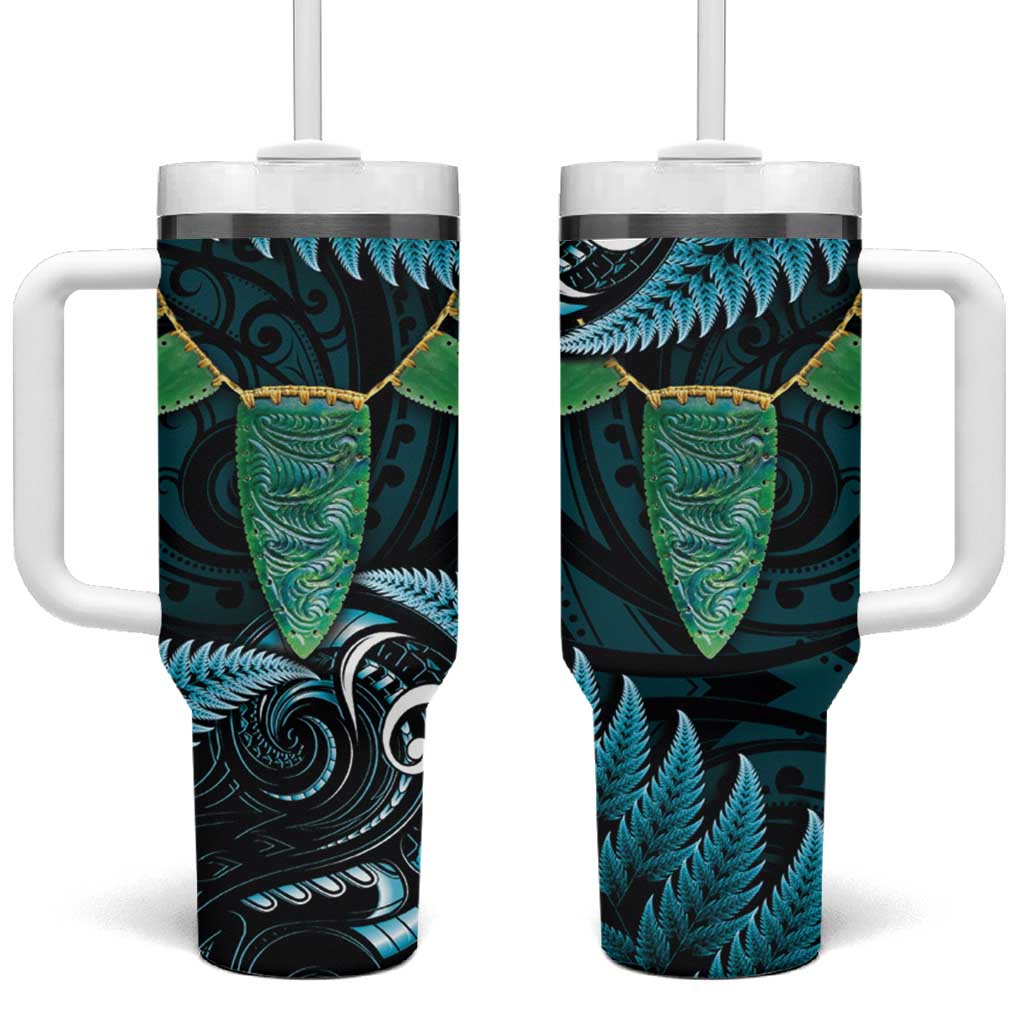 Aotearoa Pounamu Niho Tumbler With Handle Silver Fern Mix Maori Pattern - Turquoise