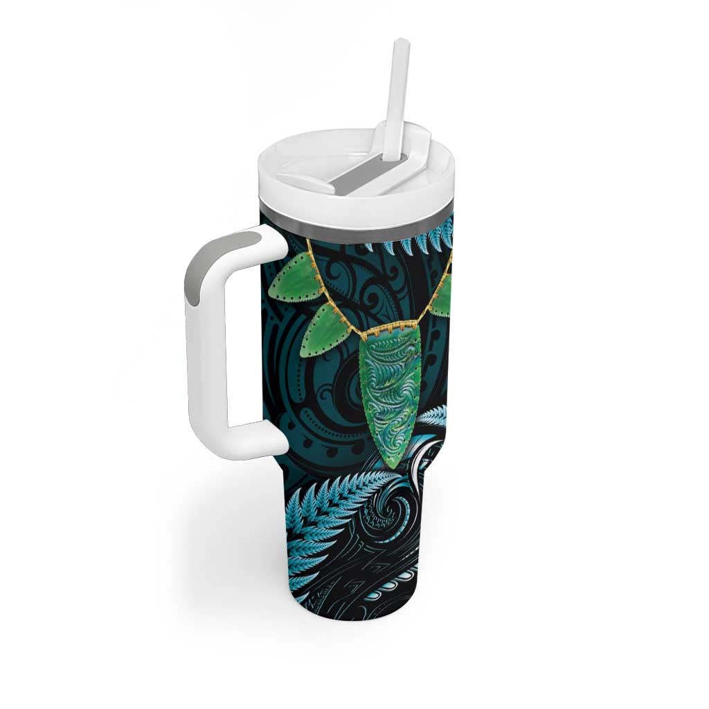 Aotearoa Pounamu Niho Tumbler With Handle Silver Fern Mix Maori Pattern - Turquoise