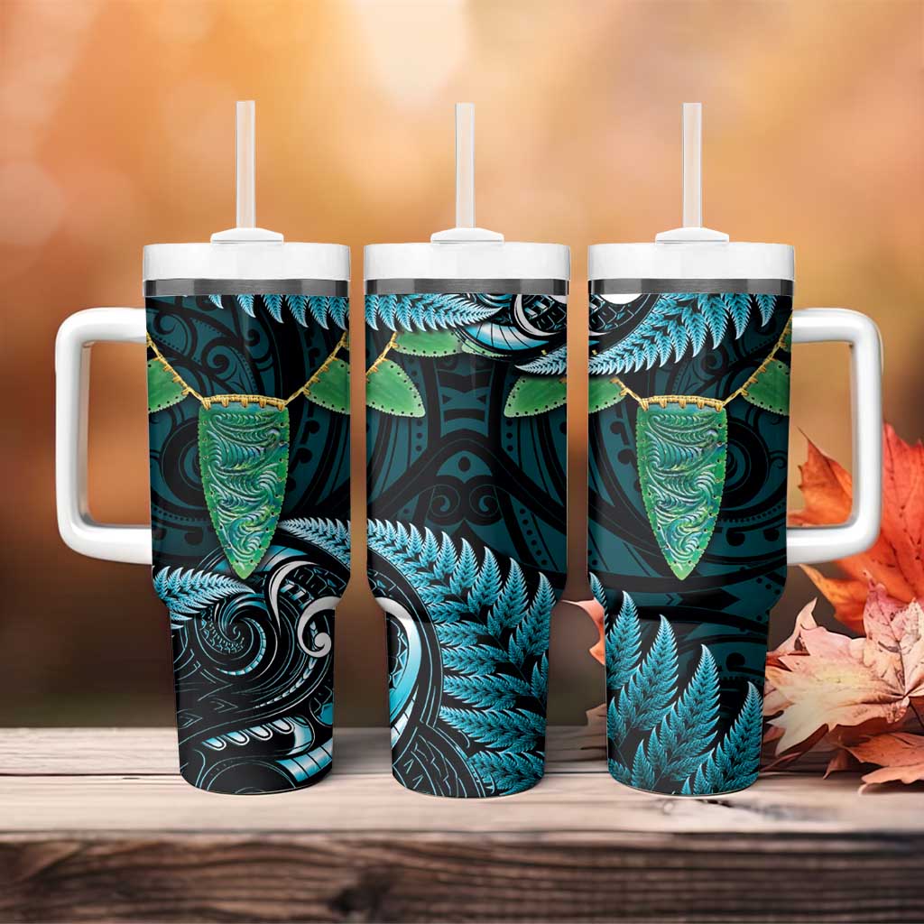 Aotearoa Pounamu Niho Tumbler With Handle Silver Fern Mix Maori Pattern - Turquoise