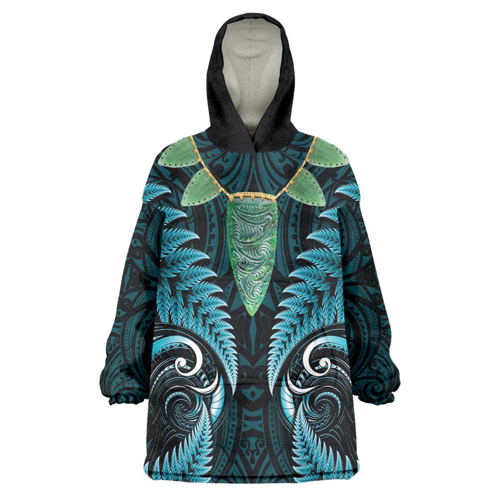 Aotearoa Pounamu Niho Wearable Blanket Hoodie Silver Fern Mix Maori Pattern - Turquoise - Vibe Hoodie Shop