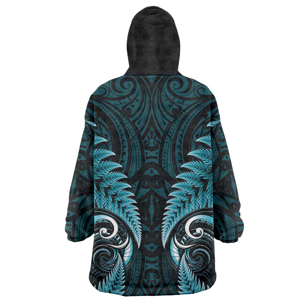 Aotearoa Pounamu Niho Wearable Blanket Hoodie Silver Fern Mix Maori Pattern - Turquoise - Vibe Hoodie Shop