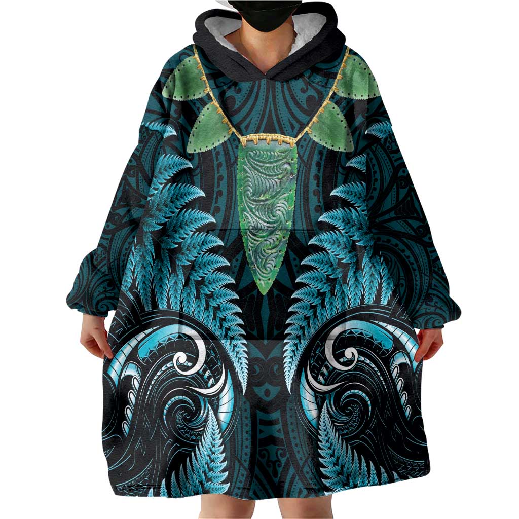 Aotearoa Pounamu Niho Wearable Blanket Hoodie Silver Fern Mix Maori Pattern - Turquoise - Vibe Hoodie Shop