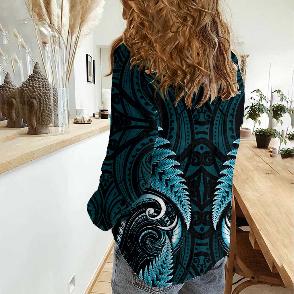 Aotearoa Pounamu Niho Women Casual Shirt Silver Fern Mix Maori Pattern - Turquoise - Vibe Hoodie Shop