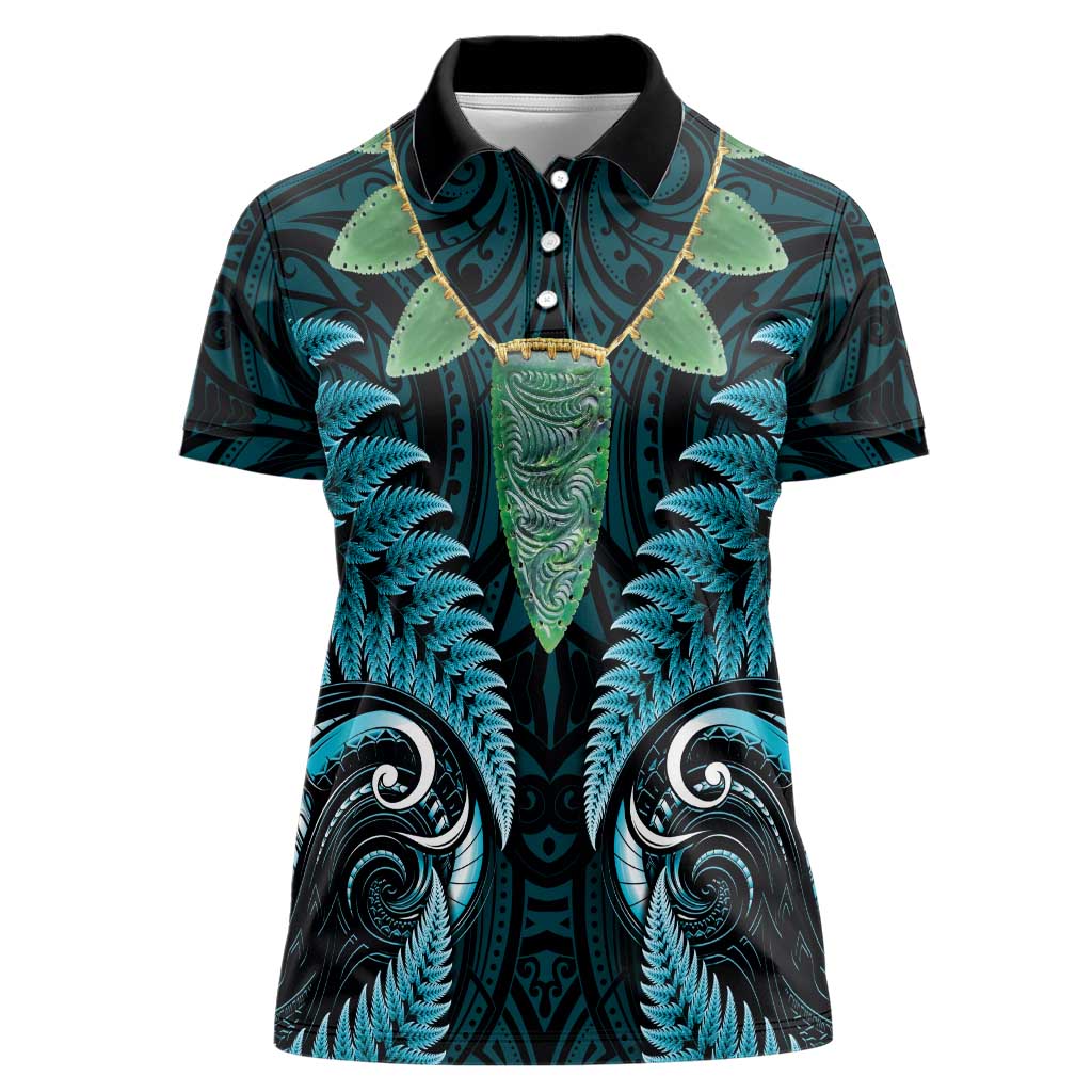 Aotearoa Pounamu Niho Women Polo Shirt Silver Fern Mix Maori Pattern - Turquoise - Vibe Hoodie Shop