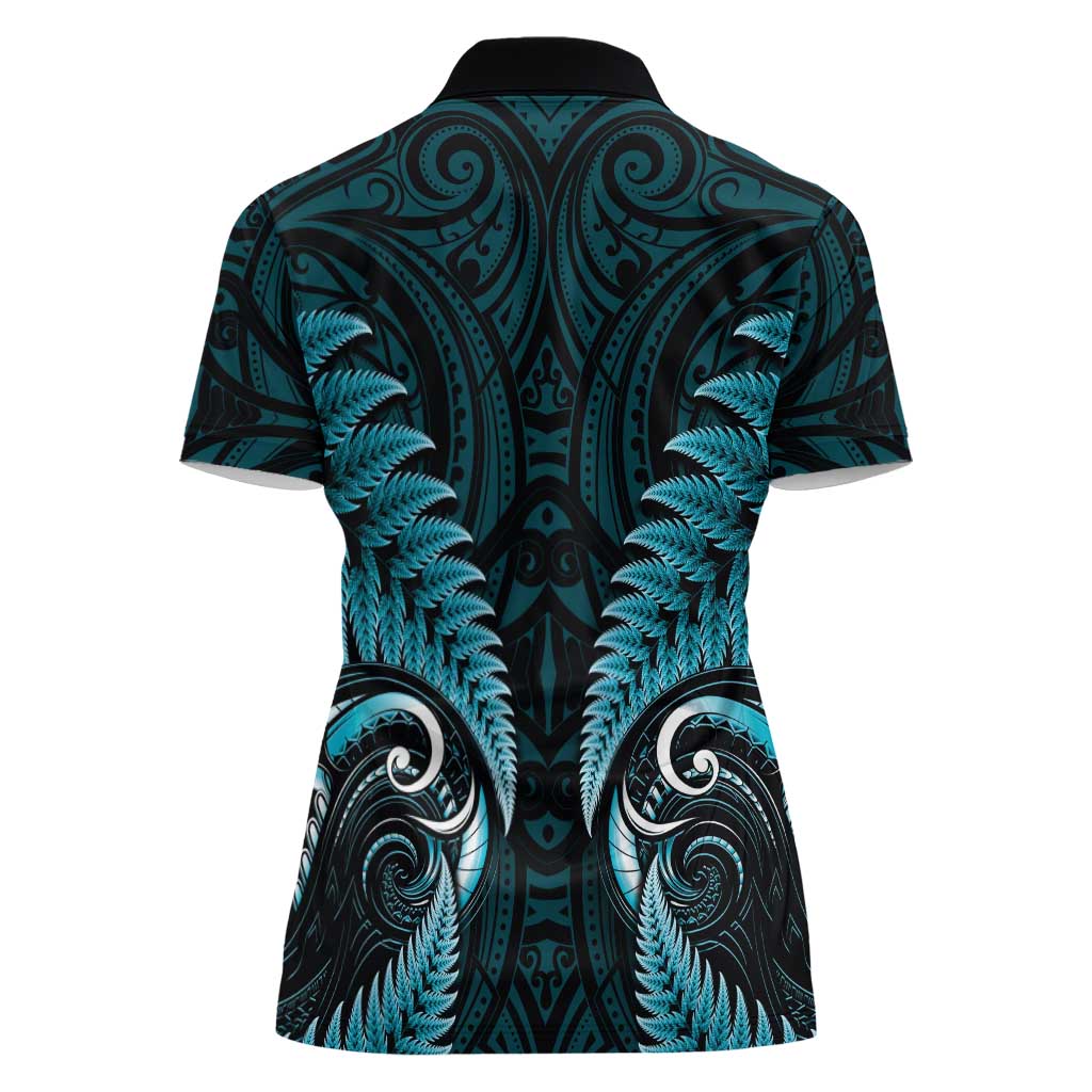 Aotearoa Pounamu Niho Women Polo Shirt Silver Fern Mix Maori Pattern - Turquoise - Vibe Hoodie Shop