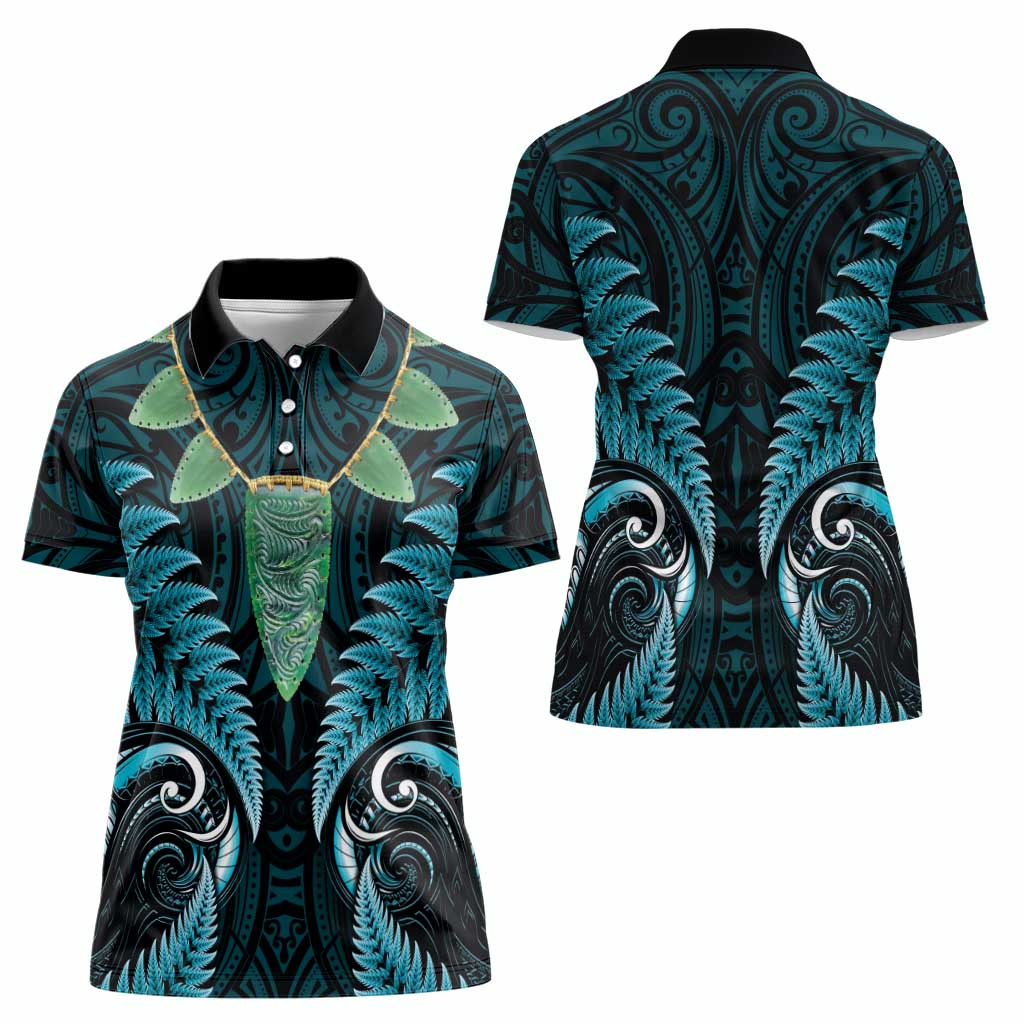 Aotearoa Pounamu Niho Women Polo Shirt Silver Fern Mix Maori Pattern - Turquoise - Vibe Hoodie Shop