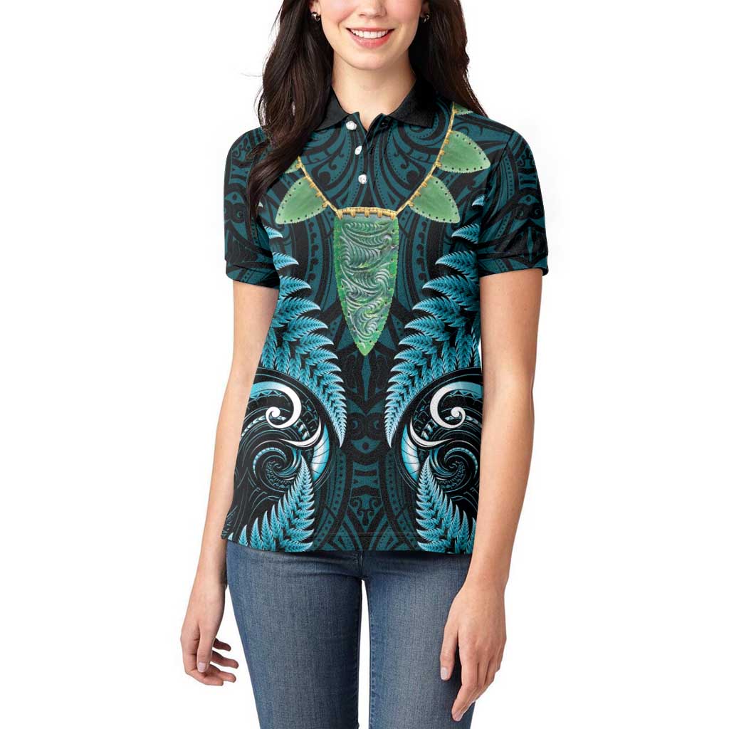 Aotearoa Pounamu Niho Women Polo Shirt Silver Fern Mix Maori Pattern - Turquoise - Vibe Hoodie Shop