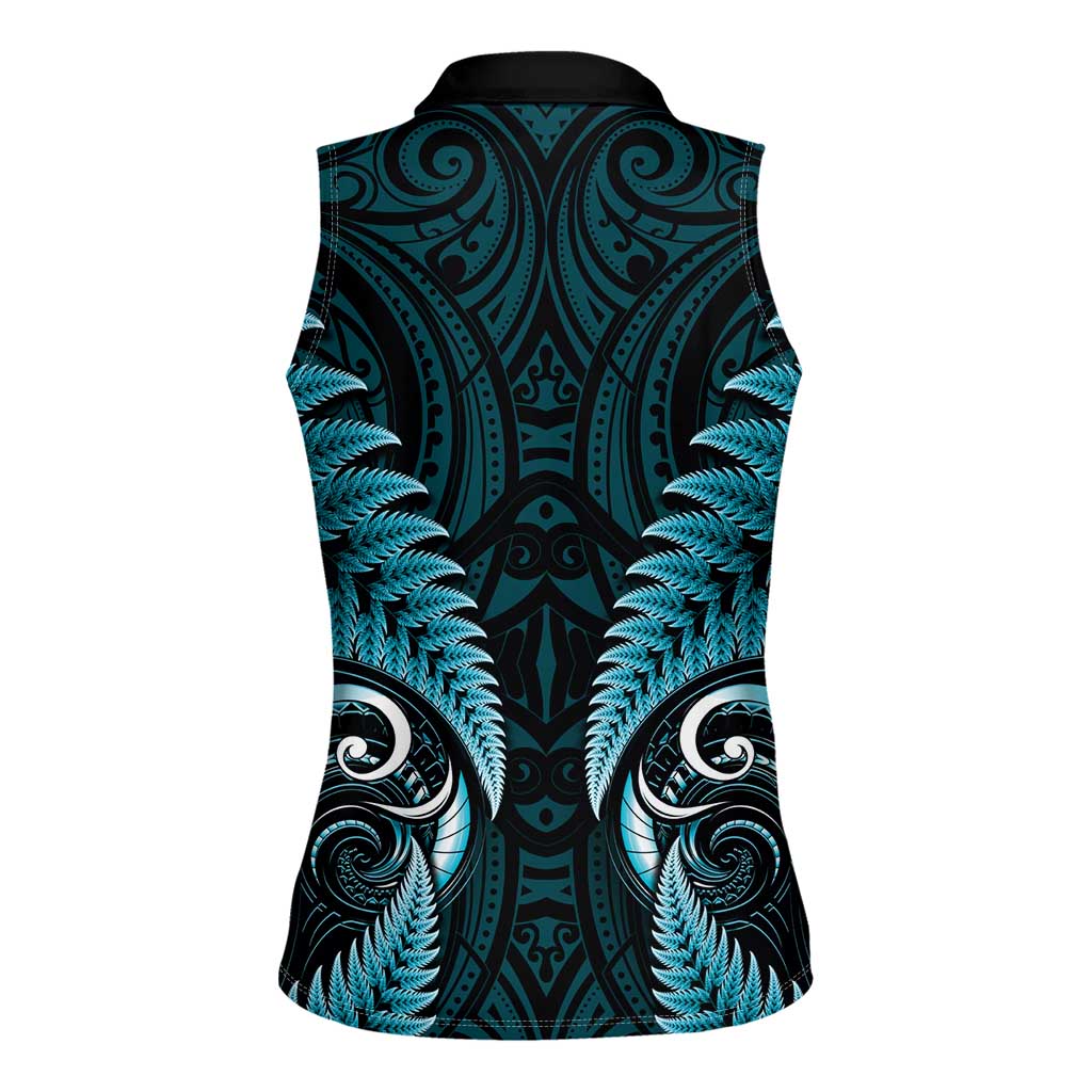 Aotearoa Pounamu Niho Women Sleeveless Polo Shirt Silver Fern Mix Maori Pattern - Turquoise