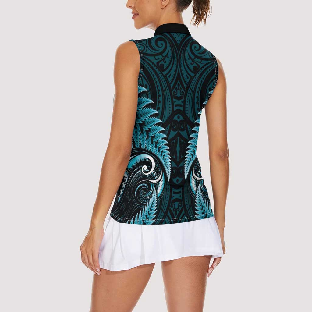 Aotearoa Pounamu Niho Women Sleeveless Polo Shirt Silver Fern Mix Maori Pattern - Turquoise