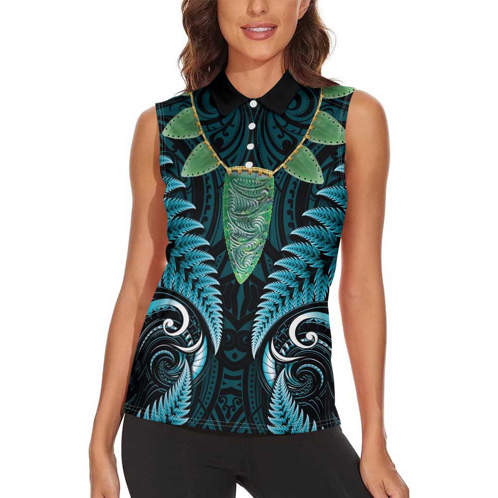 Aotearoa Pounamu Niho Women Sleeveless Polo Shirt Silver Fern Mix Maori Pattern - Turquoise