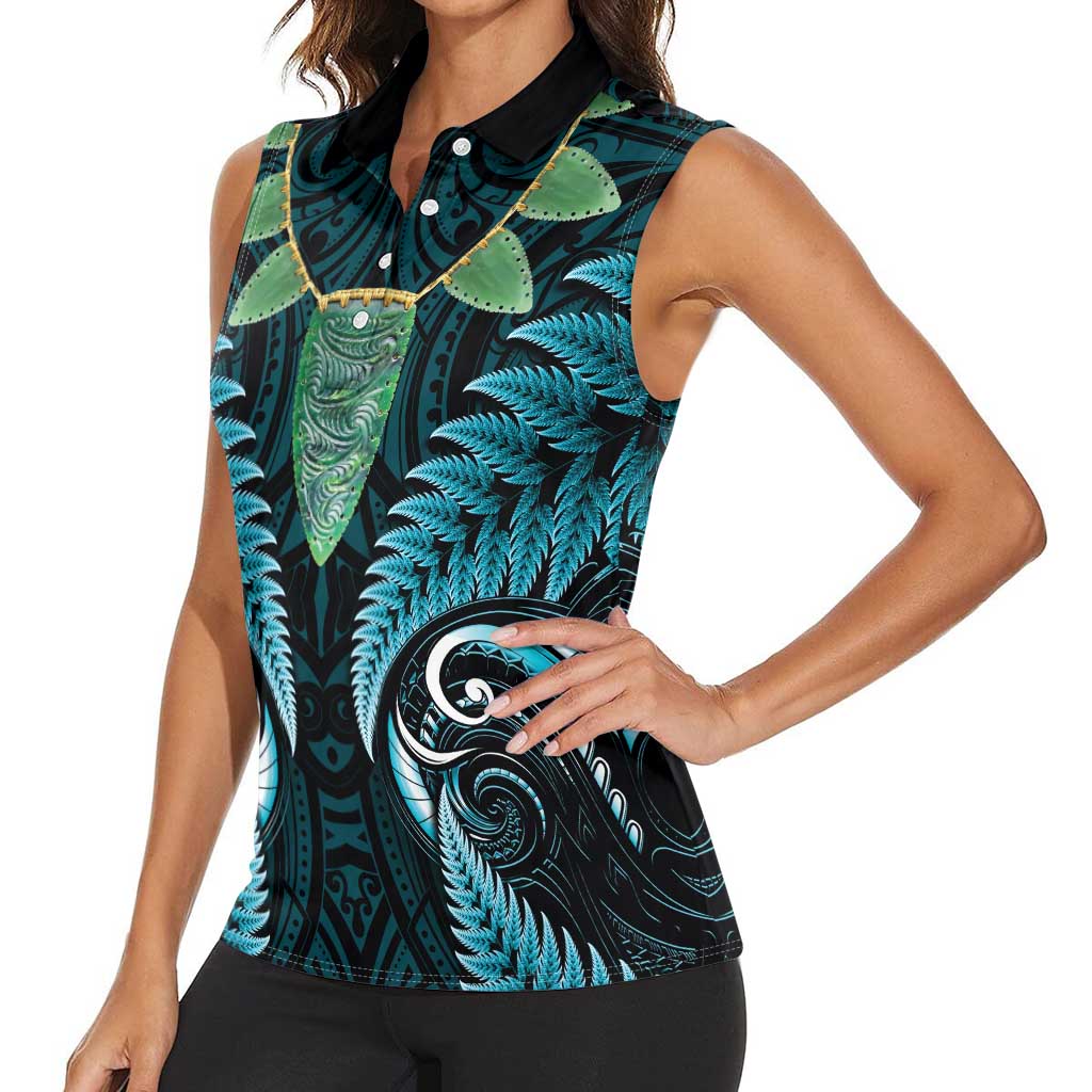 Aotearoa Pounamu Niho Women Sleeveless Polo Shirt Silver Fern Mix Maori Pattern - Turquoise