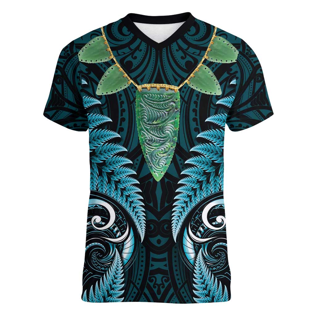 Aotearoa Pounamu Niho Women V-Neck T-Shirt Silver Fern Mix Maori Pattern - Turquoise - Vibe Hoodie Shop