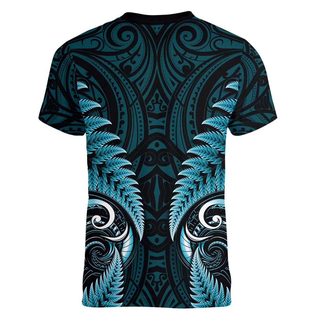 Aotearoa Pounamu Niho Women V-Neck T-Shirt Silver Fern Mix Maori Pattern - Turquoise - Vibe Hoodie Shop