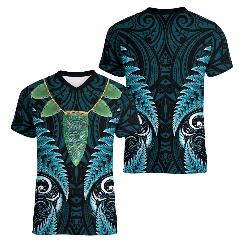 Aotearoa Pounamu Niho Women V-Neck T-Shirt Silver Fern Mix Maori Pattern - Turquoise - Vibe Hoodie Shop