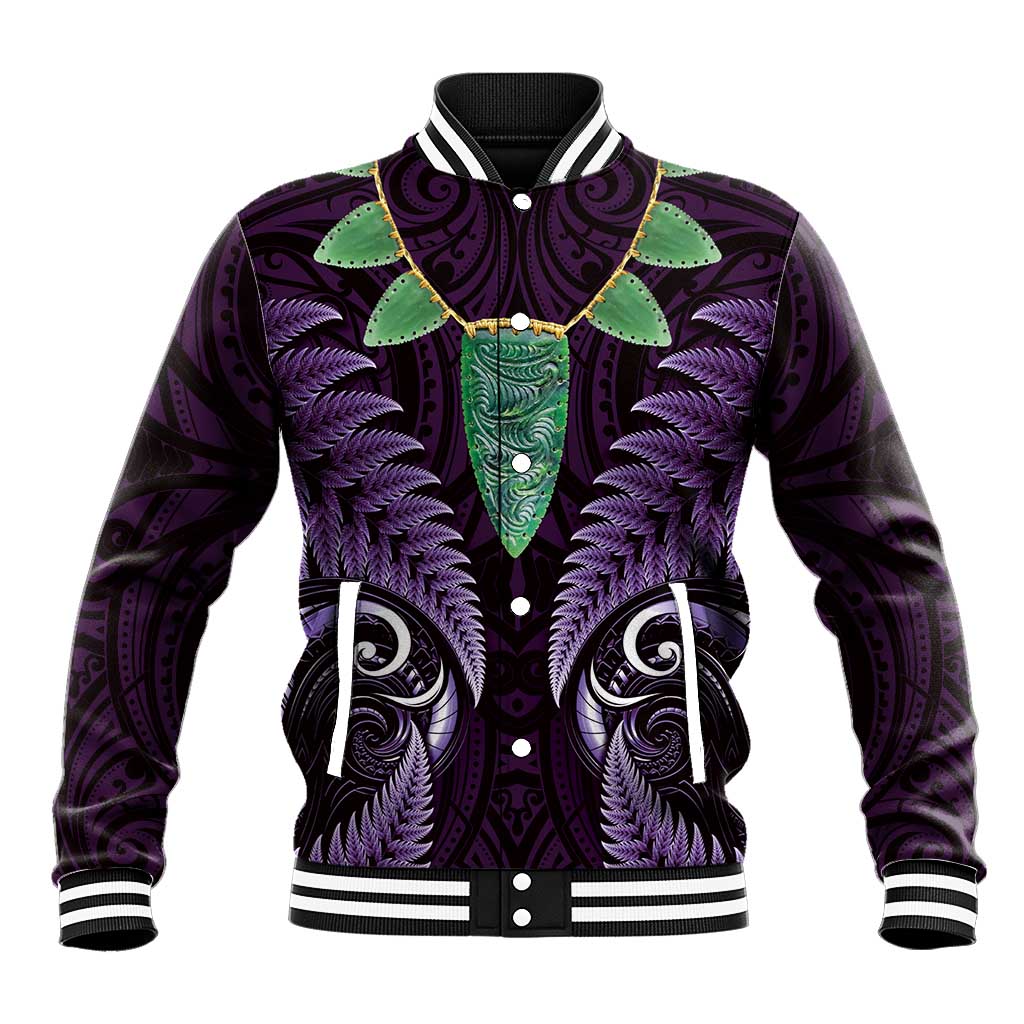 Aotearoa Pounamu Niho Baseball Jacket Silver Fern Mix Maori Pattern - Purple - Vibe Hoodie Shop