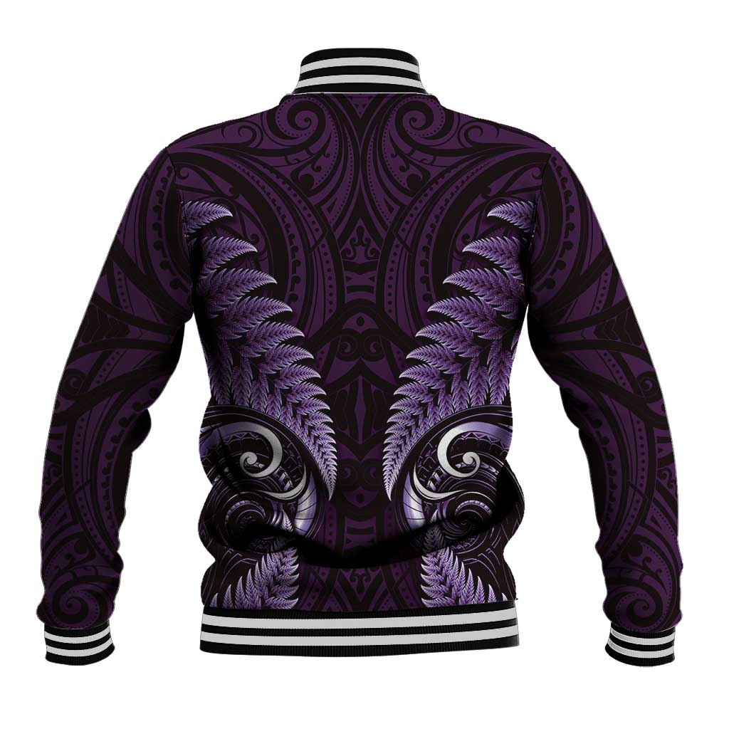 Aotearoa Pounamu Niho Baseball Jacket Silver Fern Mix Maori Pattern - Purple - Vibe Hoodie Shop